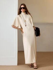 Anewsta Essential Women's Elegant Cream White High Neck Flutter Sleeve Knit Dress Back Ribbon For Wedding Guest Ceremony Church - Apricot - View 4