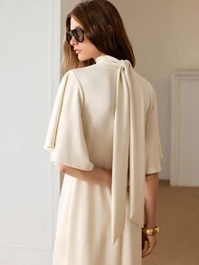 Anewsta Essential Women's Elegant Cream White High Neck Flutter Sleeve Knit Dress Back Ribbon For Wedding Guest Ceremony Church - Apricot - View 5