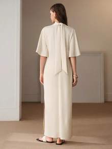 Anewsta Essential Women's Elegant Cream White High Neck Flutter Sleeve Knit Dress Back Ribbon For Wedding Guest Ceremony Church - Apricot - View 9