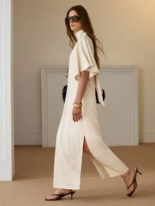 Anewsta Essential Women's Elegant Cream White High Neck Flutter Sleeve Knit Dress Back Ribbon For Wedding Guest Ceremony Church - Apricot - View 3