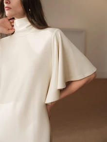 Anewsta Essential Women's Elegant Cream White High Neck Flutter Sleeve Knit Dress Back Ribbon For Wedding Guest Ceremony Church - Apricot - View 6