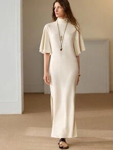 Anewsta Essential Women's Elegant Cream White High Neck Flutter Sleeve Knit Dress Back Ribbon For Wedding Guest Ceremony Church - Apricot - View 8