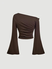 SHEIN MOD تي شيرت بني بمقاس كبير بكتف غير متماثل وأكمام جرس، ملابس علوية أنيقة متعددة الاستخدامات، ملابس التنقل اليومي - بني - مشاهدة 2