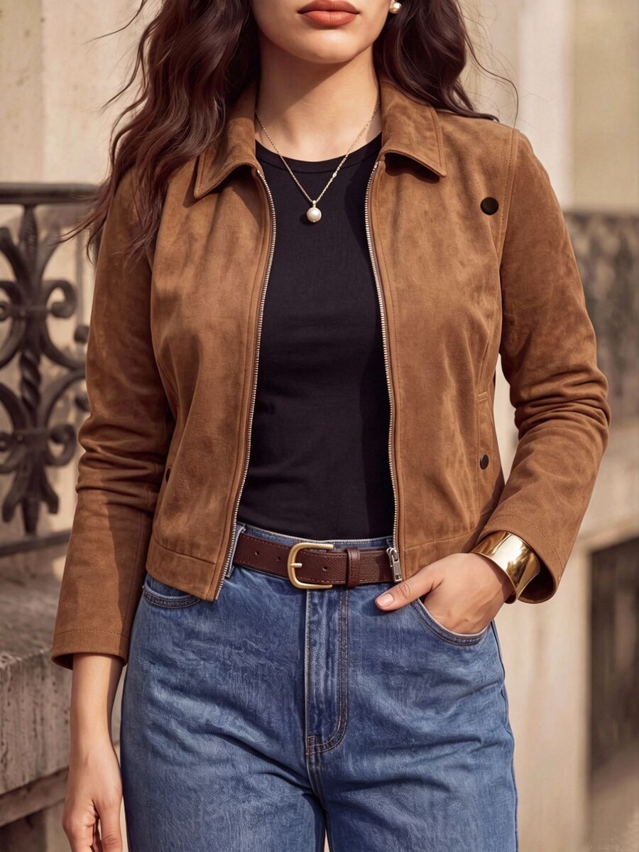 Juhart Plus Size Fashion Lapel Metal Zipper Button Decor Long Sleeve Jacket - Brown - View 1