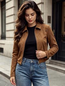 Juhart Plus Size Fashion Lapel Metal Zipper Button Decor Long Sleeve Jacket - Brown - View 6