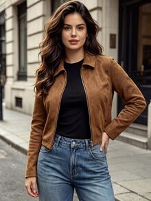 Juhart Plus Size Fashion Lapel Metal Zipper Button Decor Long Sleeve Jacket - Brown - View 3