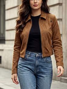 Juhart Plus Size Fashion Lapel Metal Zipper Button Decor Long Sleeve Jacket - Brown - View 7