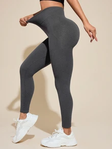 Core Rhythm Core Rhythm 1pc Women's Seamless Thermal Lined Solid Color Wide Waistband Vertical Ribbed Basic Running Fitness Yoga Training Innerwear 9/10 Leggings - Dark Grey - View 3