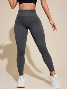 Core Rhythm Core Rhythm 1pc Women's Seamless Thermal Lined Solid Color Wide Waistband Vertical Ribbed Basic Running Fitness Yoga Training Innerwear 9/10 Leggings - Dark Grey - View 2