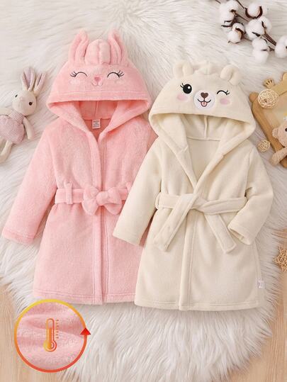 SHEIN Playful Pals 1 pièce Vêtement d'intérieur pour bébé fille, rose mignon, avec ceinture, graphique visage souriant, oreilles d'animal, capuche, manches longues, épais et moelleux, doublure polaire, épaissi, automne/hiver