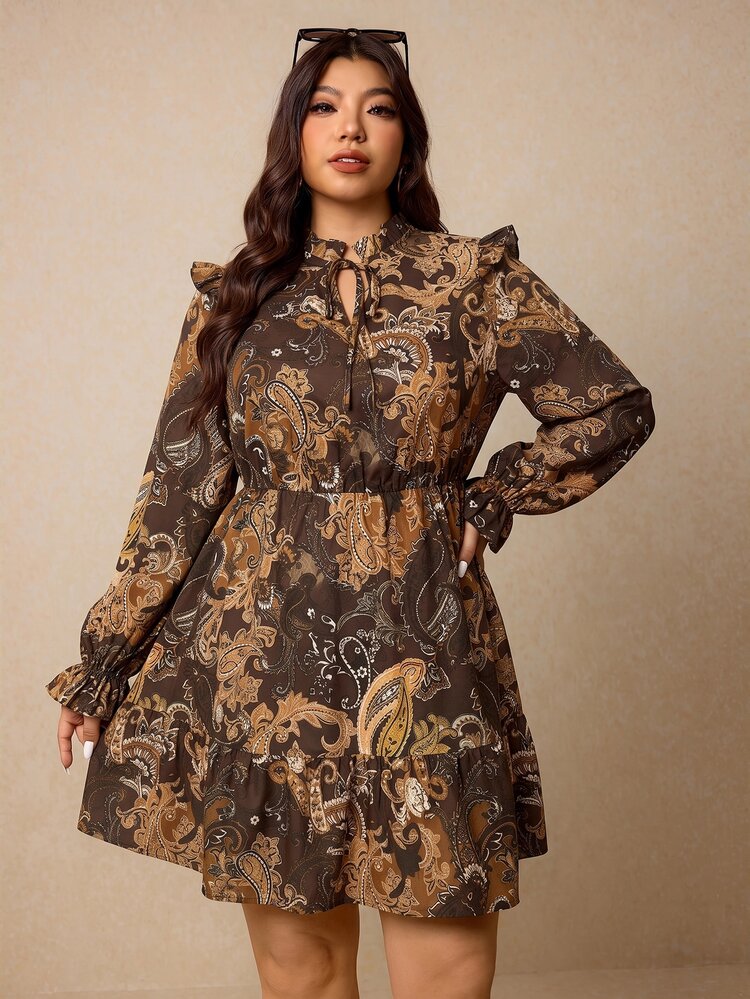 Elaquor Plus Size Vacation Cashew Pattern Print Tie Waist Flare Sleeve Dress Elegant Floral Graphic Print Dress For Women Fall/Winter Halloween Dress Women - Multicolor - View 4