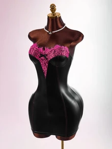 Amplova Gaun Mini Bodycon PU Patchwork Renda dengan Detail Cup, Pita, dan Desain Blok Warna untuk Wanita - Hitam - View 2