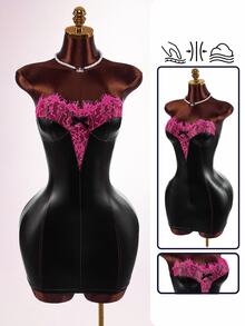 Amplova Gaun Mini Bodycon PU Patchwork Renda dengan Detail Cup, Pita, dan Desain Blok Warna untuk Wanita - Hitam - View 11