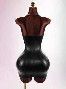 Amplova Gaun Mini Bodycon PU Patchwork Renda dengan Detail Cup, Pita, dan Desain Blok Warna untuk Wanita - Hitam - View 10