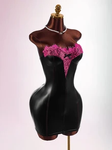 Amplova Gaun Mini Bodycon PU Patchwork Renda dengan Detail Cup, Pita, dan Desain Blok Warna untuk Wanita - Hitam - View 4