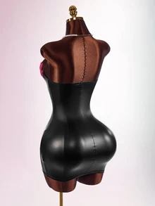 Amplova Gaun Mini Bodycon PU Patchwork Renda dengan Detail Cup, Pita, dan Desain Blok Warna untuk Wanita - Hitam - View 3