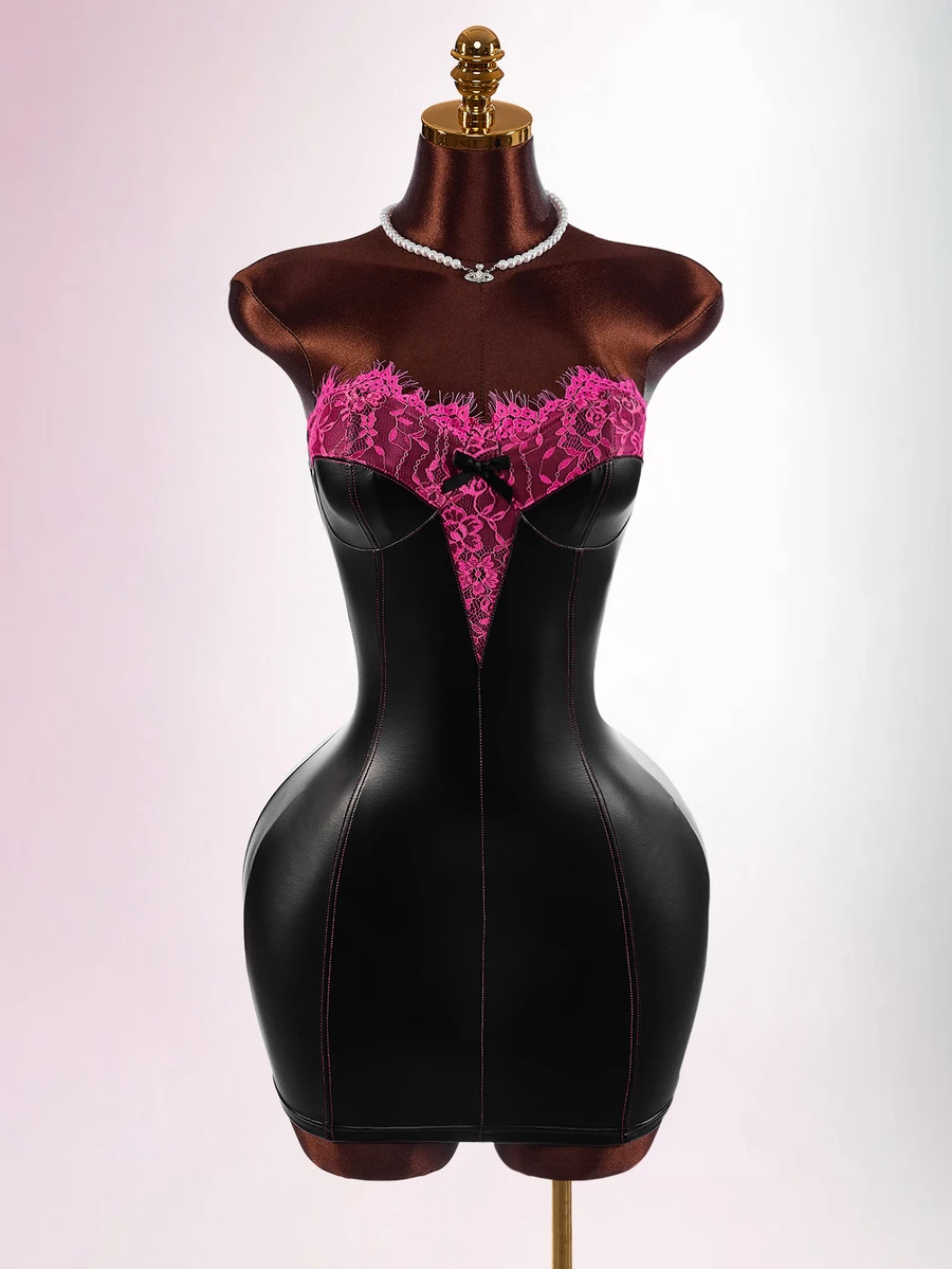 Amplova Gaun Mini Bodycon PU Patchwork Renda dengan Detail Cup, Pita, dan Desain Blok Warna untuk Wanita - Hitam - View 1