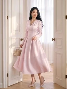 Feyla Solid Stereo Flower Fold Pleated Detail A-Line Dress Wedding Brunch Tea Party Dusty Pink Autumn Romantic Elegant - Pink - View 3