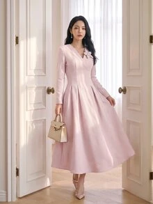 Feyla Solid Stereo Flower Fold Pleated Detail A-Line Dress Wedding Brunch Tea Party Dusty Pink Autumn Romantic Elegant - Pink - View 8
