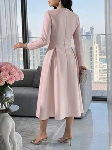 Feyla Solid Stereo Flower Fold Pleated Detail A-Line Dress Wedding Brunch Tea Party Dusty Pink Autumn Romantic Elegant - Pink - View 5
