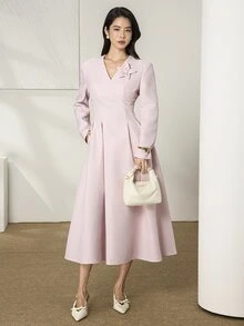 Feyla Solid Stereo Flower Fold Pleated Detail A-Line Dress Wedding Brunch Tea Party Dusty Pink Autumn Romantic Elegant - Pink - View 10