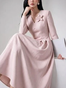 Feyla Solid Stereo Flower Fold Pleated Detail A-Line Dress Wedding Brunch Tea Party Dusty Pink Autumn Romantic Elegant - Pink - View 2