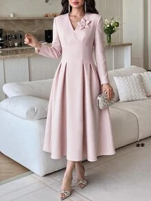 Feyla Solid Stereo Flower Fold Pleated Detail A-Line Dress Wedding Brunch Tea Party Dusty Pink Autumn Romantic Elegant - Pink - View 1