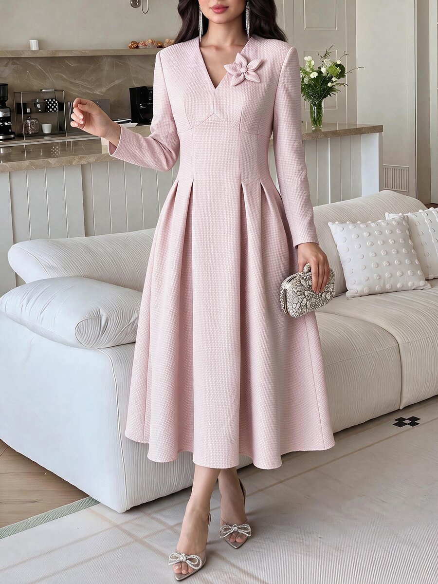 Feyla Solid Stereo Flower Fold Pleated Detail A-Line Dress Wedding Brunch Tea Party Dusty Pink Autumn Romantic Elegant - Pink - View 1