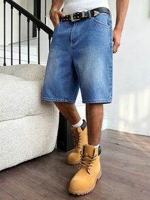 Manfinity Hypemode American Hip Hop Street Denim Bag-In-Bag Design Unisex Denim Shorts Holiday Blue Summer - Blue - View 5