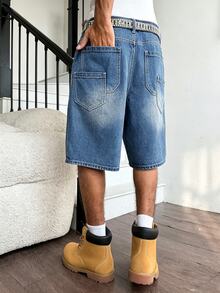 Manfinity Hypemode American Hip Hop Street Denim Bag-In-Bag Design Unisex Denim Shorts Holiday Blue Summer - Blue - View 4