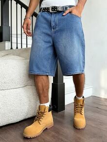 Manfinity Hypemode American Hip Hop Street Denim Bag-In-Bag Design Unisex Denim Shorts Holiday Blue Summer - Blue - View 3