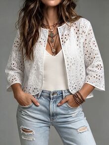 SHEIN CURVE+ Plus Size Women's Casual Elegant Loose Round Neck Cardigan 3/4 Sleeve Jacquard Fabric Jacket Party Autumn - White - View 8