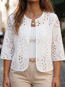 SHEIN CURVE+ Plus Size Women's Casual Elegant Loose Round Neck Cardigan 3/4 Sleeve Jacquard Fabric Jacket Party Autumn - White - View 7