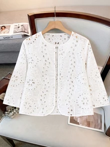 SHEIN CURVE+ Plus Size Women's Casual Elegant Loose Round Neck Cardigan 3/4 Sleeve Jacquard Fabric Jacket Party Autumn - White - View 1
