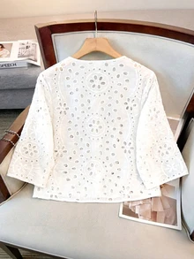 SHEIN CURVE+ Plus Size Women's Casual Elegant Loose Round Neck Cardigan 3/4 Sleeve Jacquard Fabric Jacket Party Autumn - White - View 2