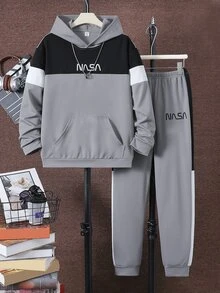 SHEIN Vacaura Tween Boy 2Piece Outfits Colorblock Letter Pattern Kangaroo Pocket Hooded Sweatshirt And Sweatpants Set Casual Sports Streetwear Spring Autumn Set - Multicolor - View 2