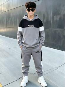 SHEIN Vacaura Tween Boy 2Piece Outfits Colorblock Letter Pattern Kangaroo Pocket Hooded Sweatshirt And Sweatpants Set Casual Sports Streetwear Spring Autumn Set - Multicolor - View 1