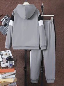 SHEIN Vacaura Tween Boy 2Piece Outfits Colorblock Letter Pattern Kangaroo Pocket Hooded Sweatshirt And Sweatpants Set Casual Sports Streetwear Spring Autumn Set - Multicolor - View 3