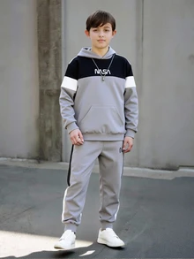 SHEIN Vacaura Tween Boy 2Piece Outfits Colorblock Letter Pattern Kangaroo Pocket Hooded Sweatshirt And Sweatpants Set Casual Sports Streetwear Spring Autumn Set - Multicolor - View 4