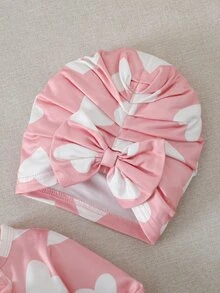SHEIN 秋冬新生兒蝴蝶結印花可愛嬰兒連身衣-兩件套 - 粉色 - 查看 7