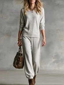 Omancia Autumn/Winter Home Casual Style Cable Knit 2 Pieces Set, Round Neck Raglan Sleeve Sweater + Cuffed Wide Leg Pants Set, Daily Commute Vacation Layering Versatile Relaxed Style Women's Sweater 2 Pieces Set - Light Grey - View 2