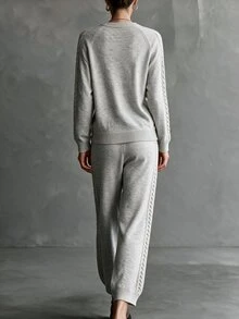 Omancia Autumn/Winter Home Casual Style Cable Knit 2 Pieces Set, Round Neck Raglan Sleeve Sweater + Cuffed Wide Leg Pants Set, Daily Commute Vacation Layering Versatile Relaxed Style Women's Sweater 2 Pieces Set - Light Grey - View 3
