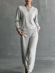 Omancia Autumn/Winter Home Casual Style Cable Knit 2 Pieces Set, Round Neck Raglan Sleeve Sweater + Cuffed Wide Leg Pants Set, Daily Commute Vacation Layering Versatile Relaxed Style Women's Sweater 2 Pieces Set - Light Grey - View 1