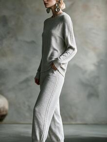 Omancia Autumn/Winter Home Casual Style Cable Knit 2 Pieces Set, Round Neck Raglan Sleeve Sweater + Cuffed Wide Leg Pants Set, Daily Commute Vacation Layering Versatile Relaxed Style Women's Sweater 2 Pieces Set - Light Grey - View 5