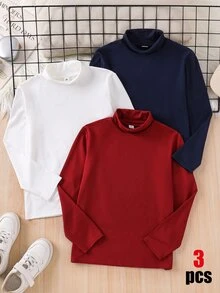 SHEIN 兒童青少年男孩休閒百搭純色高領冬季T恤衫 - 彩色 - 查看 3