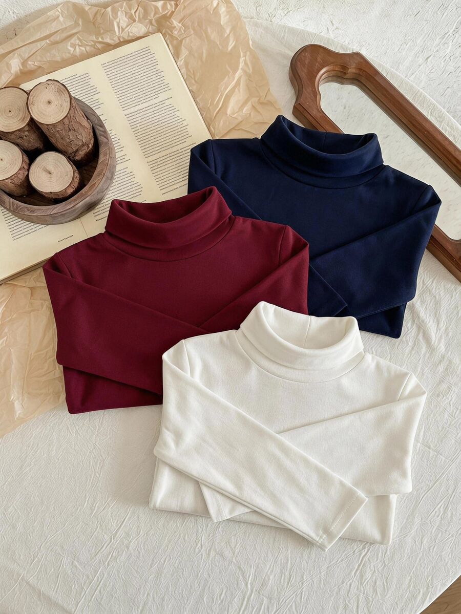 SHEIN 兒童青少年男孩休閒百搭純色高領冬季T恤衫 - 彩色 - 查看 1