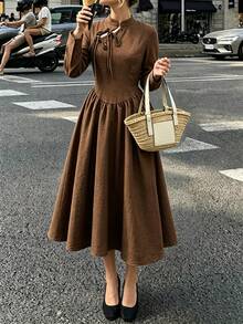 SHEIN New Chinese Qipao Textured Brown Midi Dress Stand Collar Tie Cutout Long Sleeve Flowy Maxi Dress - Coffee Brown - View 1