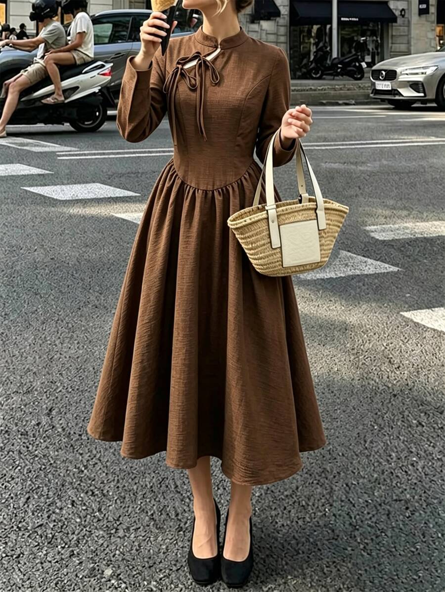 SHEIN New Chinese Qipao Textured Brown Midi Dress Stand Collar Tie Cutout Long Sleeve Flowy Maxi Dress - Coffee Brown - View 1