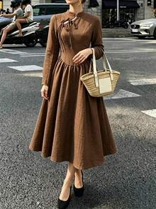 SHEIN New Chinese Qipao Textured Brown Midi Dress Stand Collar Tie Cutout Long Sleeve Flowy Maxi Dress - Coffee Brown - View 3