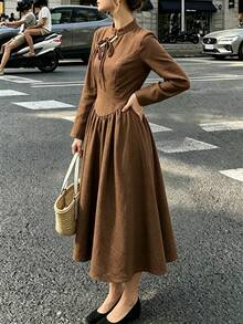 SHEIN New Chinese Qipao Textured Brown Midi Dress Stand Collar Tie Cutout Long Sleeve Flowy Maxi Dress - Coffee Brown - View 4